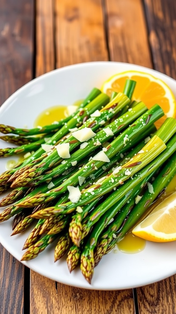 Roasted garlic lemon asparagus with Parmesan on a rustic wooden table with a lemon wedge.
